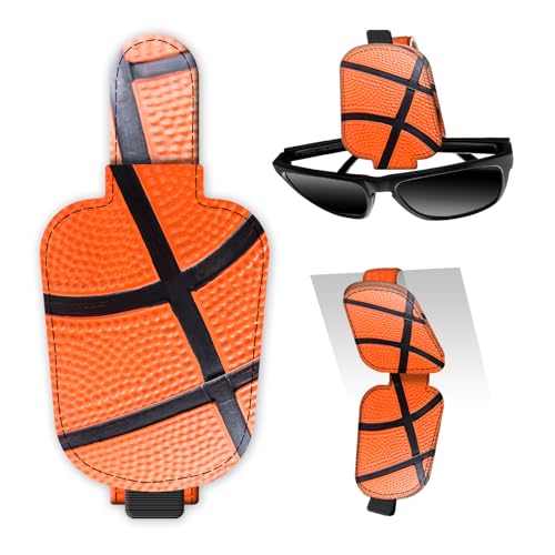 Leather Magnetic Sunglass Holder for Car Sun Visor, Cute Eyeglass Ticket Card Hanger Clip, Universal Auto Interior Accessories for SUV Pickup Truck Basketball Texture - color: Basketball Texture