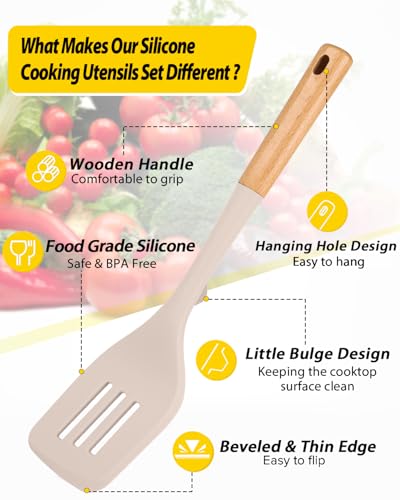 Silicone Kitchen Utensil Set for Non Stick Cookware, 7 Pcs Heat Resistant Cooking Utensils with Wooden Handle, BPA Free Kitchen Tools with Spatulas, Spoons, Skimmer and Pasta Fork (KHAKI) - color: Khaki