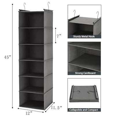 MAX Houser 6 Tier Shelf Hanging Closet Organizer, Closet Hanging Shelf with 2 Sturdy Hooks for Storage,2 Pack, Foldable (Grey) - color: Grey-2