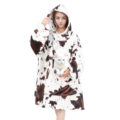 cow print Wearable Blanket Hoodie for Adults - Oversized Cozy Warm Sweater Blanket with sleeves for Home, Camping - Christmas/Birthday Gifts for Women & Men - color: Black White, size: Adult