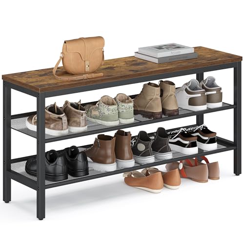 VASAGLE 3 Tier Shoe Rack Bench, One Piece Shelves, Shoe Storage Organizer with Raised Edges, Industrial Style, Easy Assembly, 11 x 39.4 x 19.7 Inches, Rustic Brown and Matte Black ULSB075KD01S - color: Rustic Brown + Matte Black, size: 39.4"W