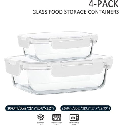 [80 oz & 36 oz]Extra Large Glass Food Storage/Baking Containers Set with Lids, 2 Pack 80 oz(10 cup)&2 Pack 36 oz (4.5 cup)Airtight Glass Container,Microwave,Oven,Freezer and Dishwasher, White - color: white