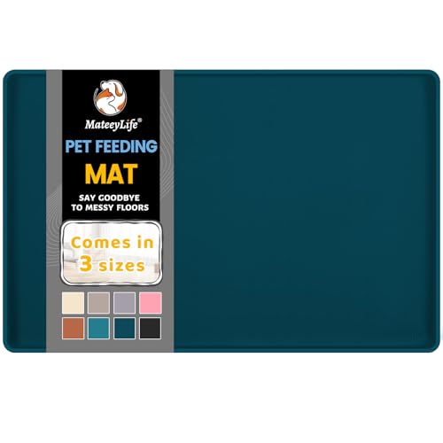 MateeyLife Silicone Cat & Dog Food Mat for Floors Waterproof, Anti-Slip Dog Bowl Mats for Food and Water, Pet Feeding Mats with Lip to Prevent Spills, Pet Placemat for Messy Drinkers to Protect Floors - color: Navy, size: 24''×16''