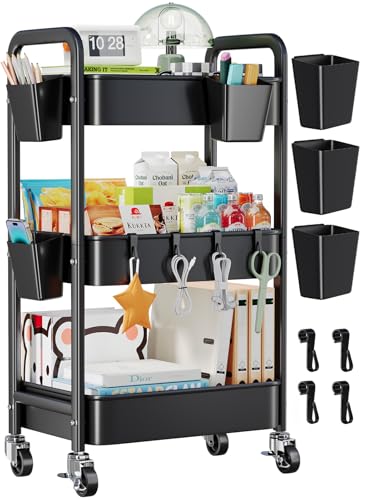 3 Tier Rolling Cart with Lockable Wheels, Metal Diaper Caddy Cart Organizer for Baby Essentials, Black Storage Utility Cart for Craft, Snack, Rolling Carts with Wheels for Lash Techs, Art, Bathroom - color: Black