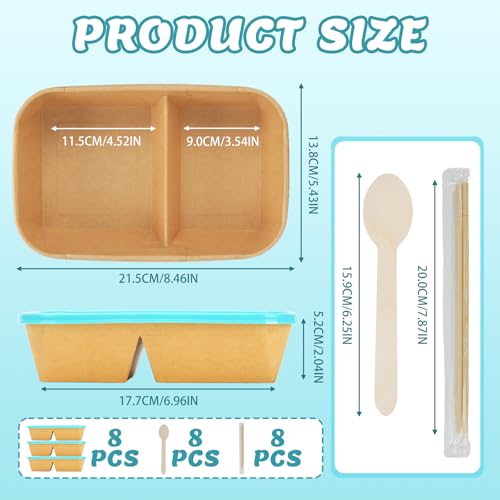 8 Pack 32oz Paper Lunch Box Bento Boxes, 2-Compartment Kraft Brown Paper Take Out Food Containers with Lids, Leakproof & Microwave Safe, Disposable To Go Boxes for Picnics, Offices, Catering, Blue - color: Blue Lid & Kraft Brown Box