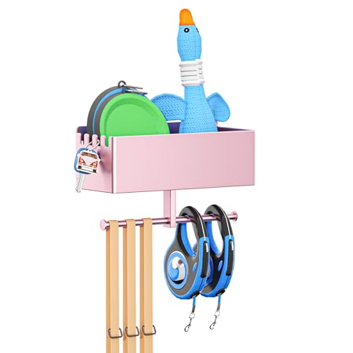 Dog Leash Holder for Wall, Dog Leash Hooks, Pet Stuff Organizer with Shelf Storage, Metal Key Holder, Leash Hangers Organizer Rack for Pet Collar, Toys, Treats, Poop Bag (Rose Gold) - color: Rose Gold