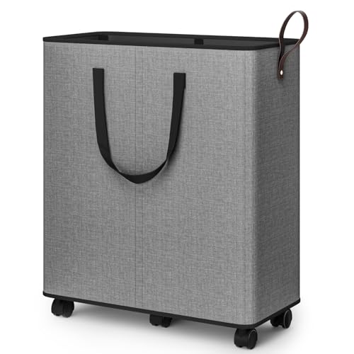 SpaceTrove Laundry Basket with Wheels, Collapsible Laundry Baskets, Laundry Hamper with Handles Detachable Wheels, Rolling Laundry Basket, Dirty Clothes Hamper for Bathroom, Dorm, Bedroom, Grey, 136L - color: Grey, size: 136L
