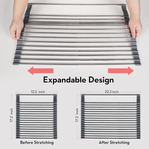 Roll Up Dish Drying Rack Over The Sink, 304 Stainless Stee Dish Drainer, Foldable & Adjustable Sink Drying Rack for Kitchen Sink Counter with Utensil Holder (Gray, Roll Up,Medium,Expandable) - size: Medium
