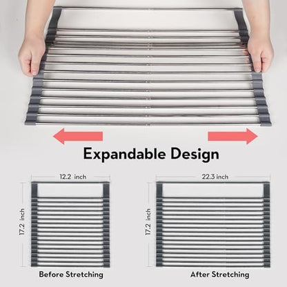 Roll Up Dish Drying Rack Over The Sink, 304 Stainless Stee Dish Drainer, Foldable & Adjustable Sink Drying Rack for Kitchen Sink Counter with Utensil Holder (Gray, Roll Up,Medium,Expandable) - size: Medium