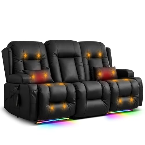 TUNYI Power Loveseat Recliner Sofa with Massage & Heat Home Theater Seating with Console RV Recliner Loveseat Sofa with USB/Storage/Side Pocket/LED Light/Speaker (Black, 3 Seat) - color: Black, size: 3 Seat