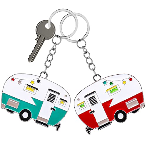 Thinp 2 Pieces Camper Keychain, RV Camper Keyring Accessories for Travel Trailers Enameled Metal Retro Camping Car Keychain - color: Red, Green