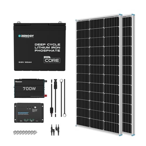 Renogy 200 Watt 12V Complete Solar Panel Starter Kit: 2pcs 100W Solar Panel + 30A Charge Controller + 100Ah Lithium Battery + 600W Premium Solar Inverter for RV Off Grid with Battery and Inverter - size: 200W Complete Kit