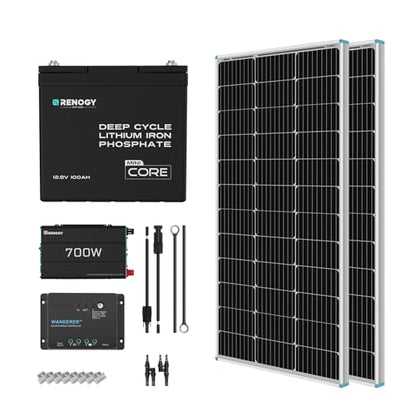 Renogy 200 Watt 12V Complete Solar Panel Starter Kit: 2pcs 100W Solar Panel + 30A Charge Controller + 100Ah Lithium Battery + 600W Premium Solar Inverter for RV Off Grid with Battery and Inverter - size: 200W Complete Kit