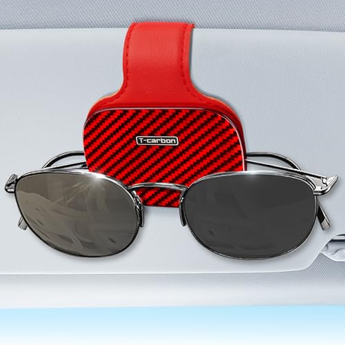 T-carbon Sunglasses Holder for Car Sun Visor;Real Carbon Fiber and Leather Sunglass Holder Clip Suitables for Different Size Eyeglasses Add A Bright and Vivid Red Color to Our Car