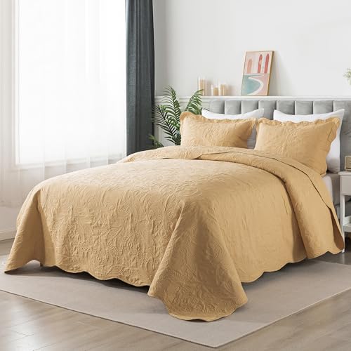 HoneiLife Queen Quilt Bedding Set - 3 Piece Microfiber Quilt Sets Lightweight Bedspreads Reversible Coverlets Retro Bed Cover Paisley Pattern Bedding Set All Season Quilts-Yellow - color: Dusty Yellow, size: Queen/Full-90"x96"