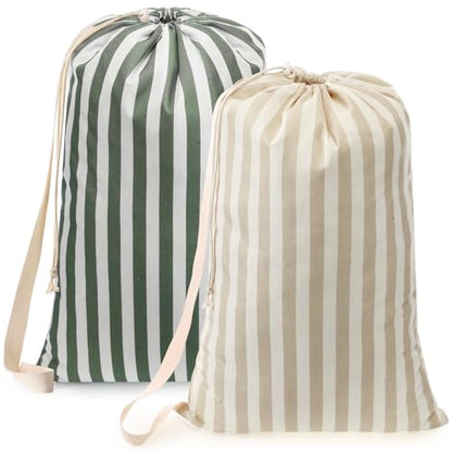 SATINIOR 2 Pcs Stripe College Laundry Bag Green Beige Canvas Travel Laundry Bags with Drawstring Shoulder Straps 29" x 18" Washable Dirty Clothes Hamper Organizer for Dorm Laundromat Apartment Camping - style: Stripe