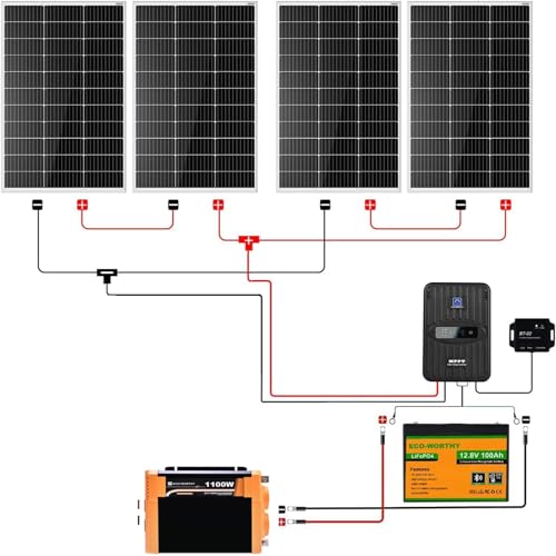 ECO-WORTHY 1.6KWH Complete Solar Panel Kit 400W 12V for RV Off Grid: 400W Solar Panels + 40A MPPT Charge Controller +12V 100Ah Lithium Battery + Solar Power Inverter + Bluetooth Module - style: Basic 400W 12V MPPT Complete Kit