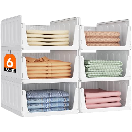 Lifewit 6 Pack Stackable Closet Organizers and Storage Basket for Clothes, Plastic Sweater Storage Bins for Wardrobe, Multifunctional Pants Organizer for RV, Pantry, Kitchen, Dorm, 16.5" Depth - size: 16.5" Depth