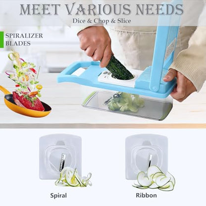 Pro-Series 20-in-1 Vegetable Chopper w/Container, Cheese Grater Hand Crank, Box Mandoline Slicer Food Cutter Shredder Mandolin for Veggie Onion Salad Fruit Potato (Kitchen Gadget & Essential) - color: Blue, size: 10 Blades