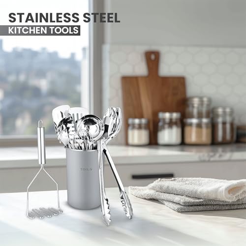 Avador® Premium Set of 10 Stainless Steel (GREY HOLDER) Kitchen Tool Set with Holder Easy To Clean, Space Saving, Great for Cooking, Baking, Prepping (GREY) - color: Gray