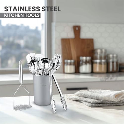 Avador® Premium Set of 10 Stainless Steel (GREY HOLDER) Kitchen Tool Set with Holder Easy To Clean, Space Saving, Great for Cooking, Baking, Prepping (GREY) - color: Gray