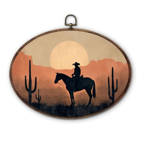 DILSJ Western Boho Cowboy Oval Wall Art Decor,Vintage Western Cowboy Ridding Horse Canvas Wall Art Framed, Southwestern Cactus Desert Sunset Landscape Hanging Decorations for Home Bedroom, 8x11 Inch