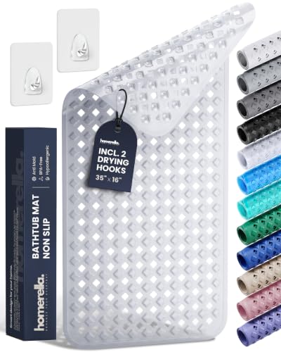 Bathtub Mat Non Slip 35x16 - homerella® Bath Mat Incl. Hooks for Drying, Extra Long, 100% BPA Free, Shower Mat Non Slip Anti Mold, Machine Washable, Shower Mats for Inside Shower Mildew Resistant - color: Clear, size: 34.5" x 15.5" (Rectangular)