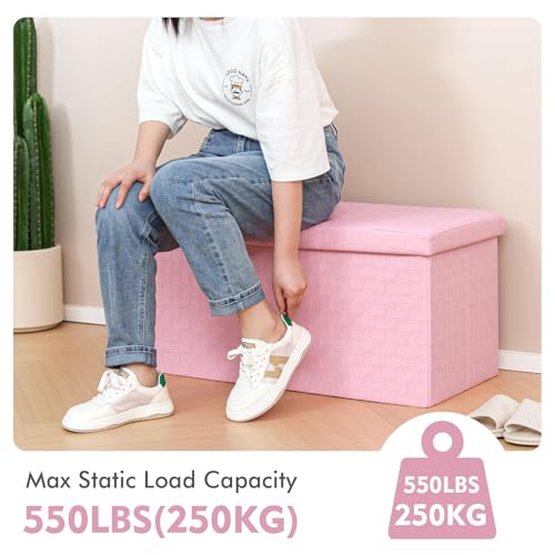B FSOBEIIALEO Folding Storage Ottoman, Faux Leather Footrest Seat Long Shoes Bench Box Chest, Pink 30"x15"x15" - color: Pink, size: Large