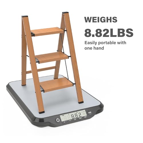 3 Step Ladder, Folding Aluminum Step Stool with Anti-Slip Wide Steps for Adults, Ideal for Kitchen, Closet, Bedroom, 330 lbs Capacity (Woodgrain) (Dark Woodgrain, 3 Step) - color: Dark Woodgrain