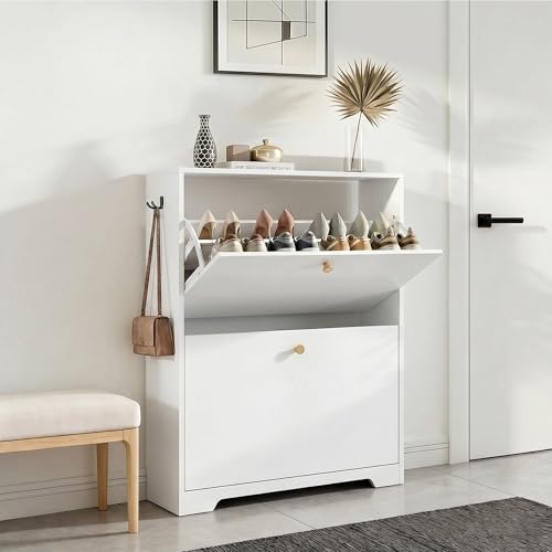 Nicetree Shoe Cabinet with 2 Flip Drawers, Narrow Shoe Organizer Cabinet, Freestanding Shoe Rack Cabinet, Modern Shoe Storage Cabinet for Entryway, Hallway, Foyer, White with Hook - color: White, style: 2-Drawers with Hook