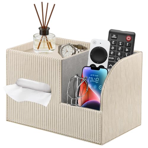 Modern PU Leather Cube Tissue Box Cover with Storage Tray, Multifunctional Remote Control Holder & Facial Tissue Dispenser Organizer for Nightstand, Bathroom, Bedroom, Office & Home Decor - color: Apricot