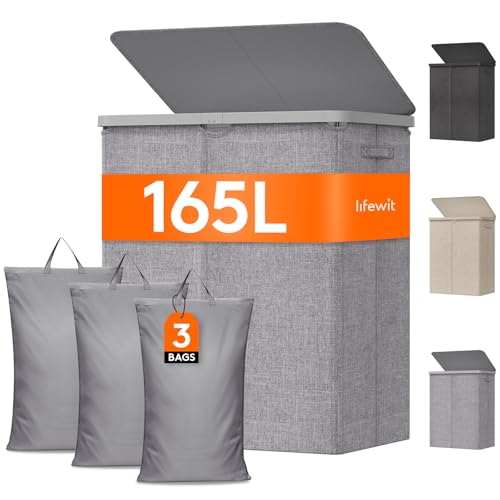 Lifewit 165L Large Laundry Basket with Lid, Laundry Hamper with Plastic Handles and Removable Bag, Foldable Tall Dirty Clothes Hampers for Laundry for Laundry Room, Bedroom, Bathroom, Dorm, Light Gray - color: Light Gray, size: 165L