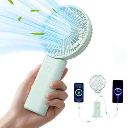 HandFan Upgraded 10,000 mAh Quiet Handheld Fan - 4.5 Inch Large Hand Held Fans Reahargeable, 180° Foldable Portable Fan [30 Working Hours] with Lanyard, Base for Disney/Travel/Concerts/Beach/Office - color: Clear‑Blade Sage Green‑10000mAh