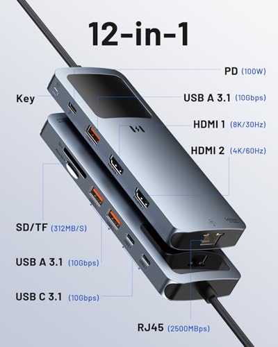 Laptop Docking Station Dual Monitor, 12-in-1 USB-C Docking Station with Smart LCD Display, 2 HDMI Ports+100W PD+10Gbps USB-C/A+2.5G Ethernet+SD/microSD, Docking Station for Dell/HP/Lenovo Laptop - color: Space Grey