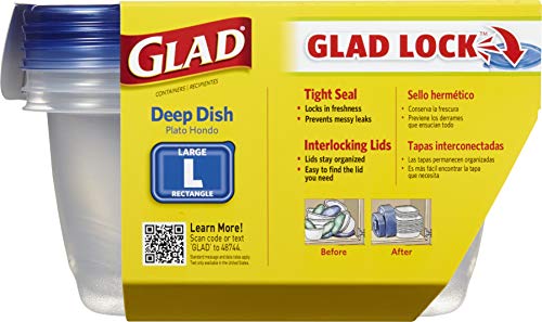 Glad GladWare Deep Dish Food Storage Containers Lids Large Rectangle BPA Free Meal Prep Microwave Dishwasher Safe Lock Tight Seal 64 OZ 3 Count 6 Pack - size: 64 oz - 18 Count, style: Rectangle