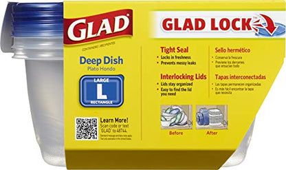 Glad GladWare Deep Dish Food Storage Containers Lids Large Rectangle BPA Free Meal Prep Microwave Dishwasher Safe Lock Tight Seal 64 OZ 3 Count 6 Pack - size: 64 oz - 18 Count, style: Rectangle
