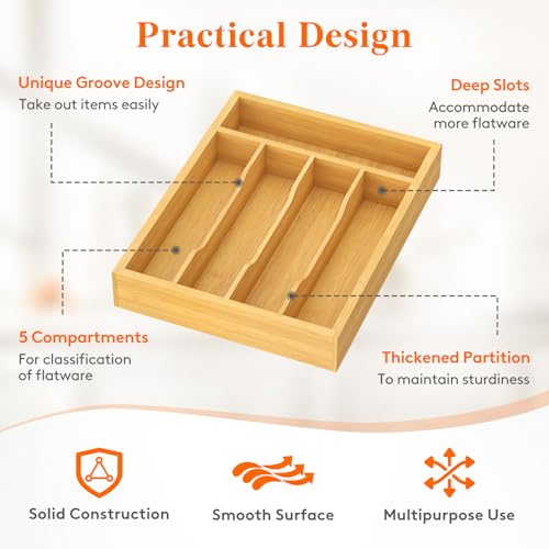 Lifewit Silverware Drawer Organizer, Utensil Tray for Kitchen, Flatware and Cutlery Holder, Storage for Spoons Forks Knives, 9.9 x 12.8", Natural - size: 9.9''W x 12.8''D