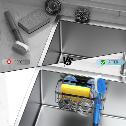 3-in-1 Kitchen Sink Caddy Organizer with Sponge Holder, Brush Holder, Extra Rack for Scrubber, Sink Stopper, Dish Cloth Hanger - Strong Dual Suction Cup, 2.0mm SUS304 Stainless Steel - Black - color: Black