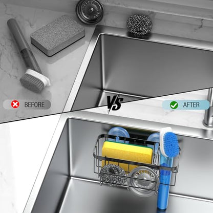 3-in-1 Kitchen Sink Caddy Organizer with Sponge Holder, Brush Holder, Extra Rack for Scrubber, Sink Stopper, Dish Cloth Hanger - Strong Dual Suction Cup, 2.0mm SUS304 Stainless Steel - Black - color: Black