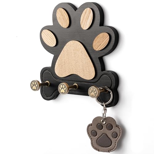 MTERSN Pine Wood Key Holder Wall Mount – Cute Dog Paw Key Hooks for Dog Leash Holder & Coat Rack for Entryway, Bedroom, or Living Room – Rustic Farmhouse Wall Decor for Home Organization (Black) - color: Black