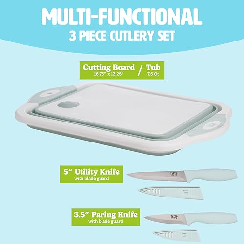 Tasty Multifunctional Cutlery Set, Includes Cutting Board with Built-In 7.5-Quart Collapsible Tub, Utility and Paring Knives, Space Saving Design, 3-Piece Set, Dishwasher Safe