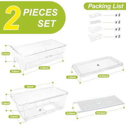 Pull Out Fridge Organizer Drawer, Stackable Refrigerator Storage Bins with Drain Tray and Lid, Clear Fruit and Vegetable Storage Containers Box, for Kitchen Freezer, 2-Pack - size: 2 Pack