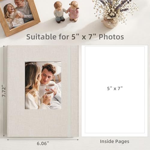 5x7 Photo Album, Slip In Fabric Cover Scrapbook with Front Window, Holds 52 Photos (26 Pockets), for Baby, Wedding, Travel, Beige - color: Beige, size: 26 Pockets