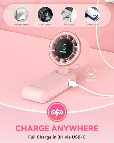 PlayHot Portable Handheld Turbo Fan, 5-Speed Personal Fan, USB-C Rechargeable Fan Up to 12 Hours, 3 IN 1 Hand Fan with Air Turbo Tech Cooling, Travel Fan for Cruise, Beach, Gifts for Women (Pink) - color: Pink