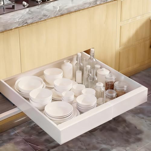 1-Pack Expandable Pull Out Cabinet Organizer 21" Deep with 3 Slide Rails, Adjustable Width (12"-22") Drawer Organizer for Kitchen Pantry Base Cabinets, Fixed with Roll Out Shelves Adhesive, White - size: 1 Pack