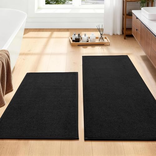 YIHOUSE Black Bathroom Rugs Sets 2 Piece, Quick Dry Thin Bath Mat, Non Slip Absorbent Machine Washable, Bath Rugs for Bathtub Sink Home Decor (17"x24" + 17"x32") - color: Black, size: 17"x24"+17"x32"