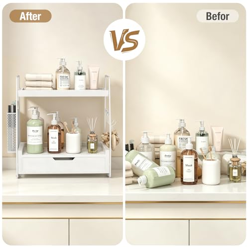 2-Tier Bathroom Counter Organizer with Drawer and Removable Basket, Wood Vanity Countertop Storage for Perfume, Makeup, Skincare, Bathroom Counter Shelf, 13" x 7.9" x 14.5", White - color: White