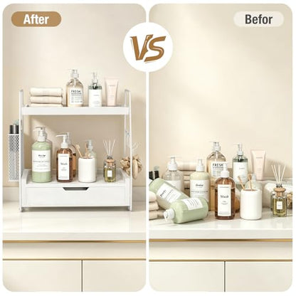2-Tier Bathroom Counter Organizer with Drawer and Removable Basket, Wood Vanity Countertop Storage for Perfume, Makeup, Skincare, Bathroom Counter Shelf, 13" x 7.9" x 14.5", White - color: White