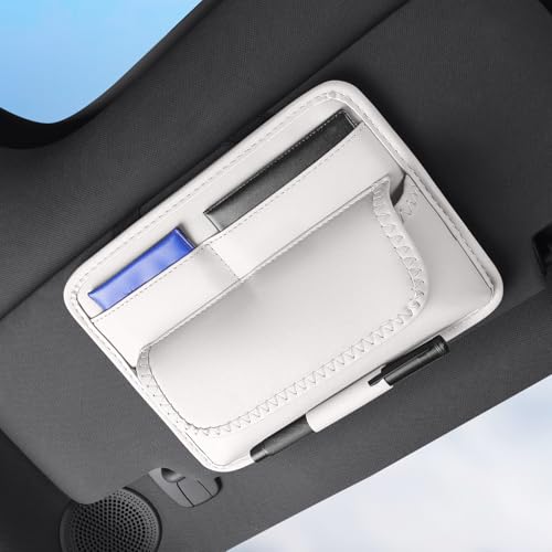 HOLDCY Car Visor Organizer – Sun Visor Storage Pouch Holder for Vehicle Truck SUV, PU Leather Auto Interior Accessories for Registration Document, Gas Card & Sunglasses, Universal Fit (White) | Keeps Registration, Cards & Sunglasses Neatly Within Reach -