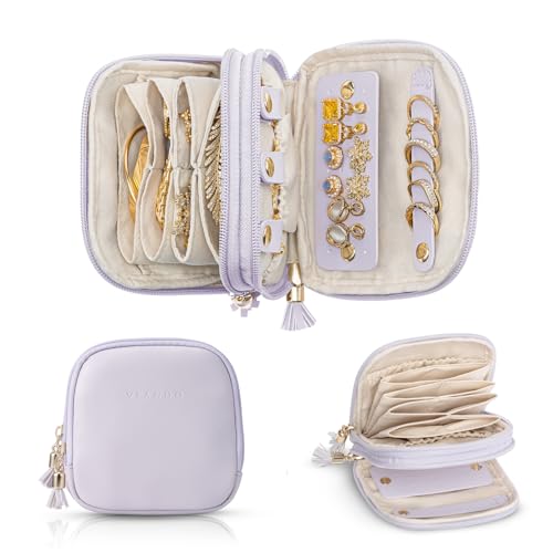 VLANDO Travel Jewelry Case,2-Layer Jewelry Organizer for Travel,Gifts for Women,Travel Essentials,Multi-Compartment Jewelry Storage for Rings Earrings Necklaces Bracelets - Mist Purple - color: Mist Purple